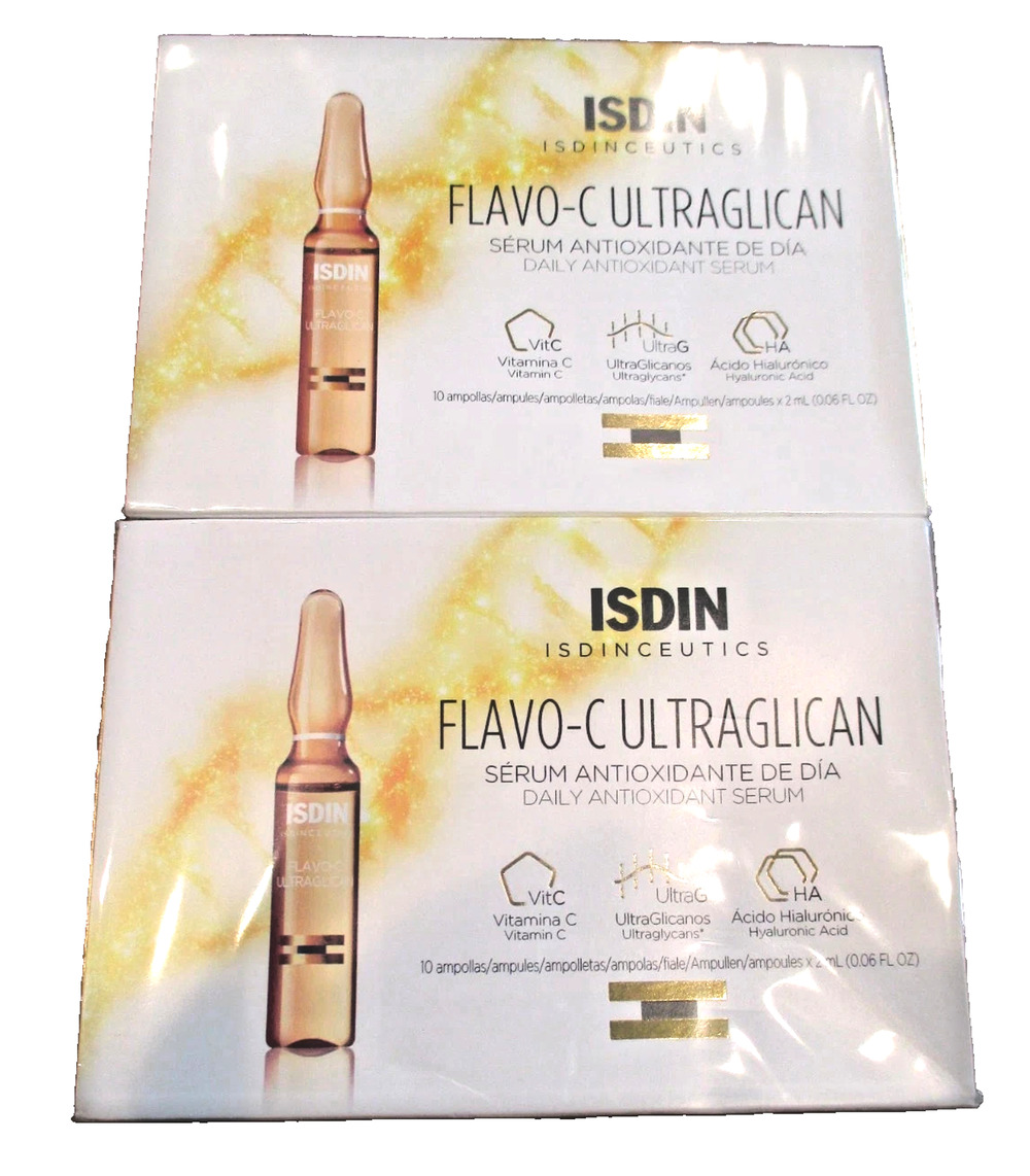 (2) ISDIN Isdinceuticals Flavo-C Ultraglican Antioxidant Serum 10 Ampules Each